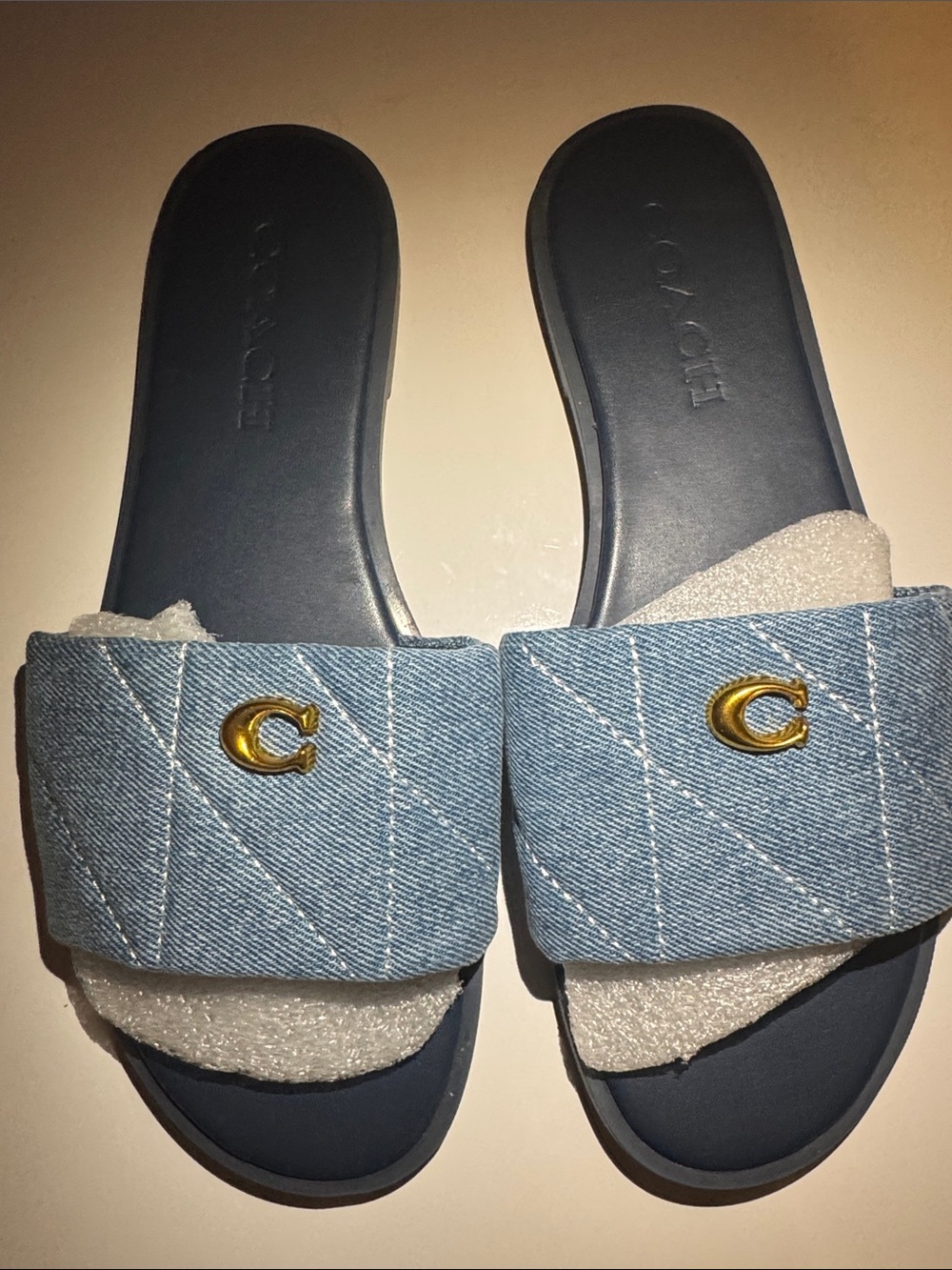 Coach Denim Blue Slide Sandals with Gold 'C' Accent